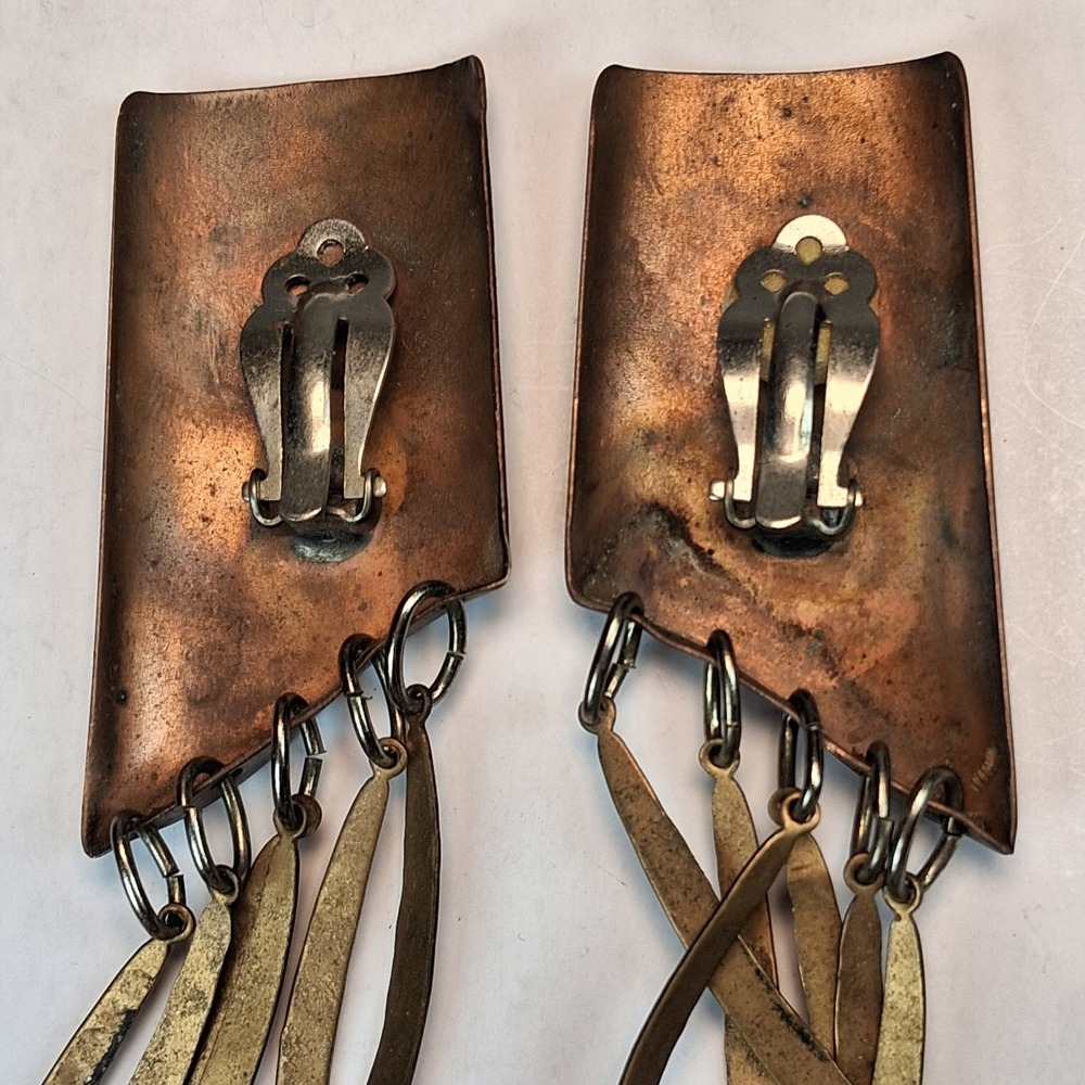 Vintage MCM Brutalist Copper Clip On Earrings Mixed Metal Dangle Artisan Studio - Picture 5 of 8